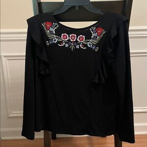 LC Lauren Conrad Black Floral Embroidered Blouse